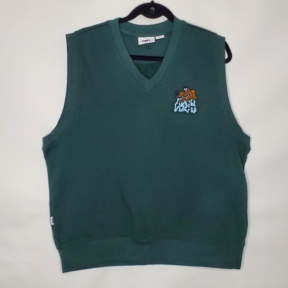 Obey Pine Green Vest Size M Slide Fleece Embroidered Dog Sleeveless Top Preppy - Picture 11 of 11